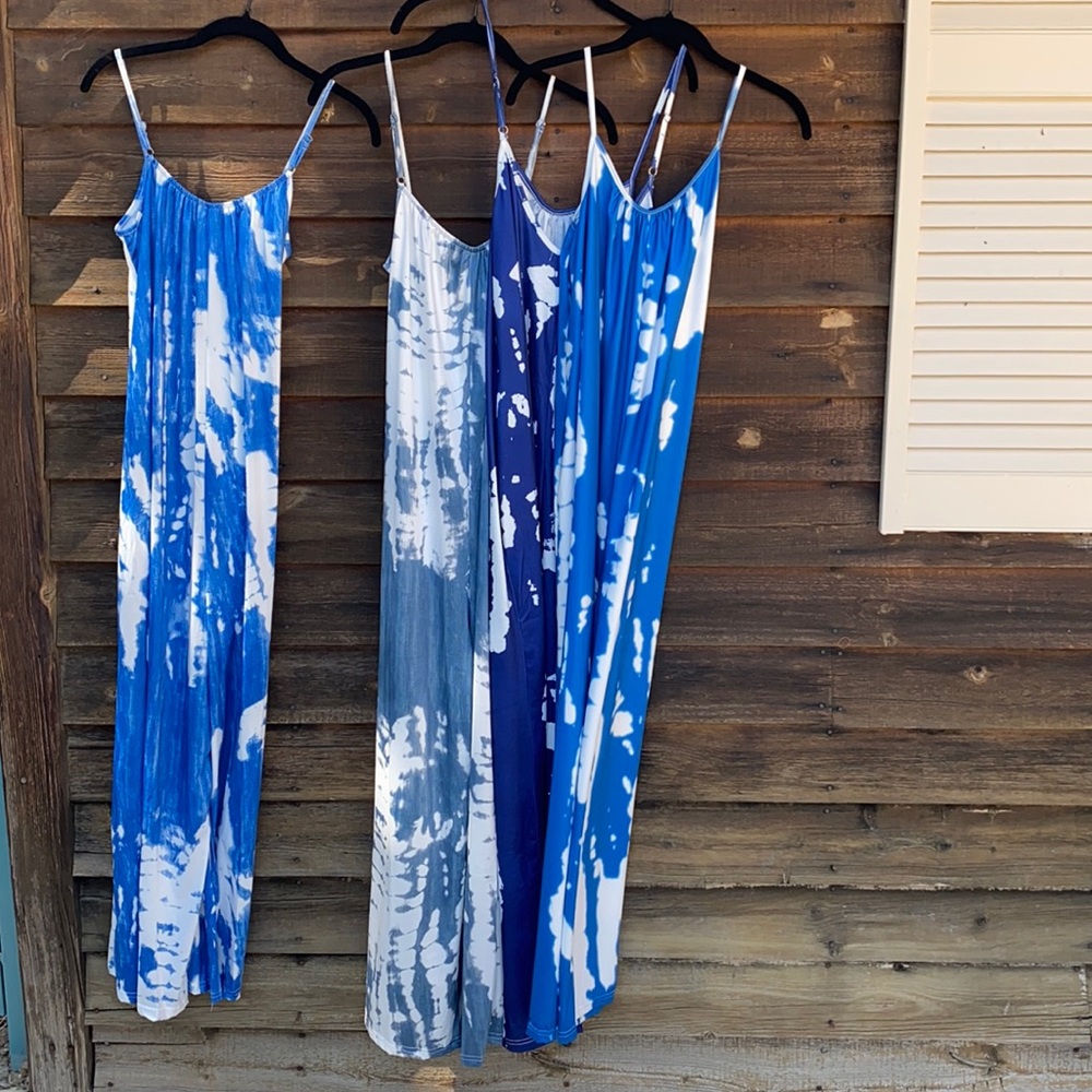 Overalls Jumpsuit Romper Oversized Tie Dye Boho Jumpsuit Bright Blue/White - Picture 16 of 17